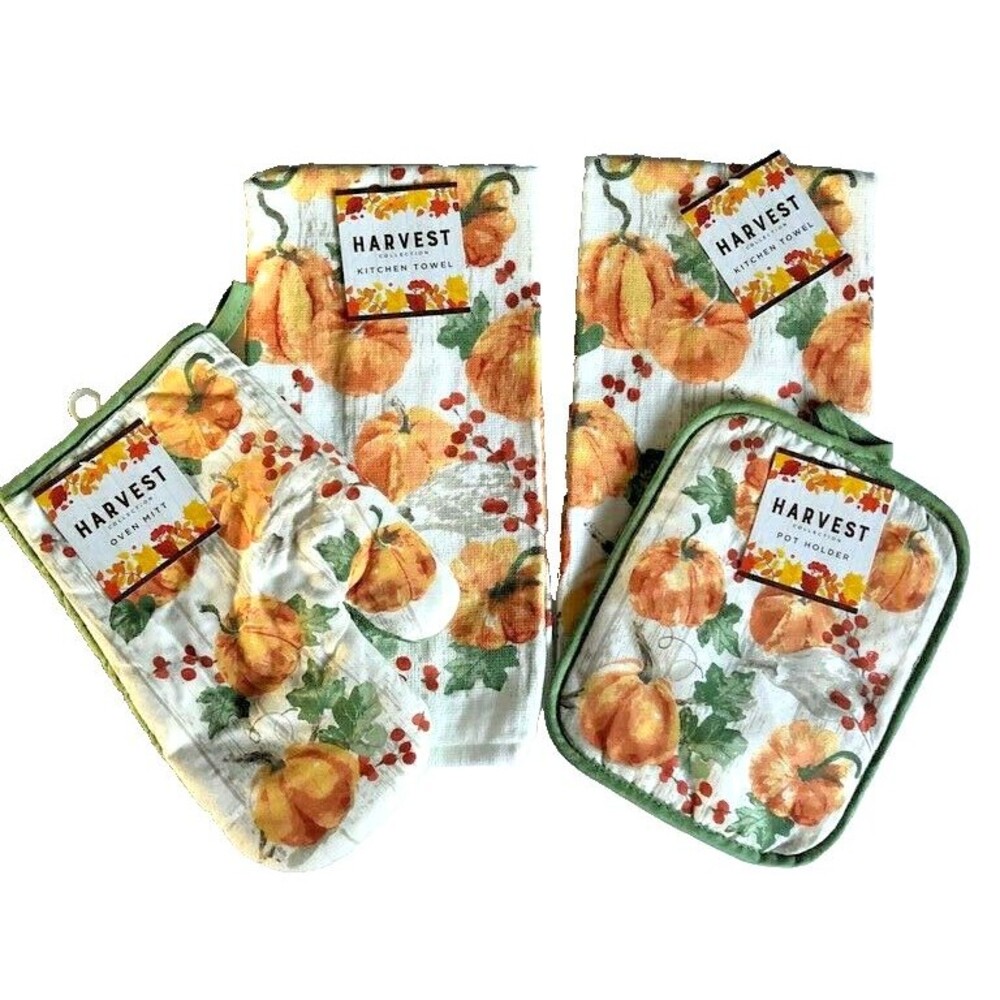 Thanksgiving Pumpkins Kitchen Dish Towels Oven Mitt Potholder Holiday Set of 4